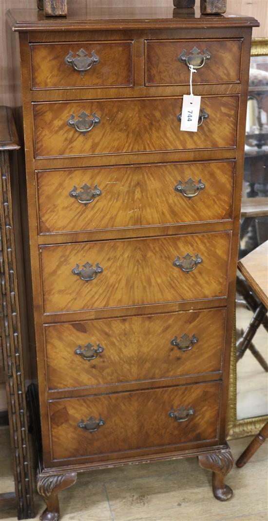 A figured walnut pillar chest of two short and 5 long drawers W.50cm